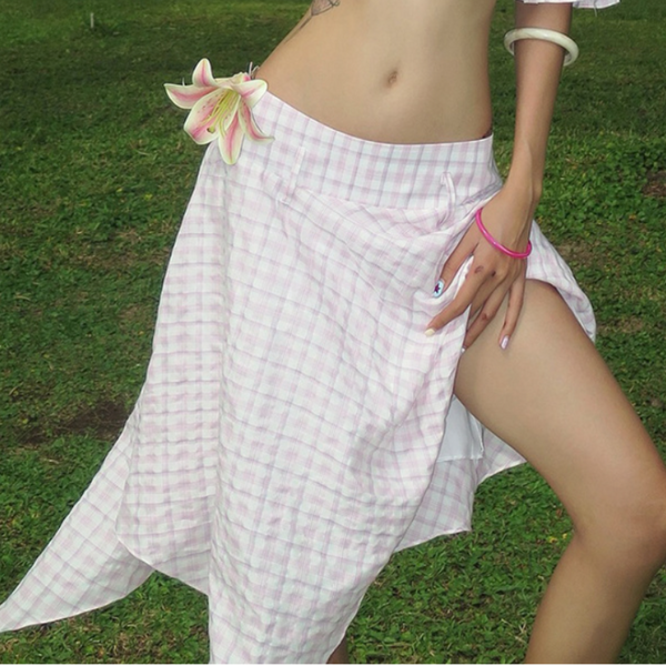 Plaid irregular contrast midi skirt