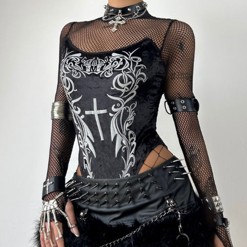 Long sleeve fishnet velvet embroidery bodysuit