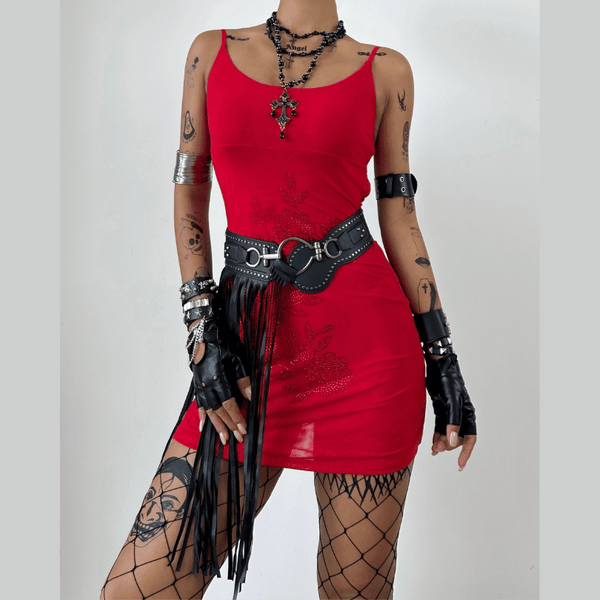 Beaded pattern u neck backless cami mini dress