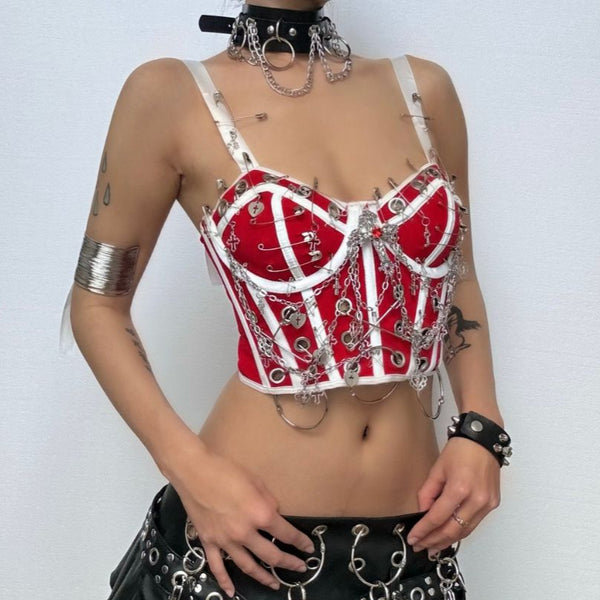 Ribbon self tie v neck hollow out metal chain o ring top