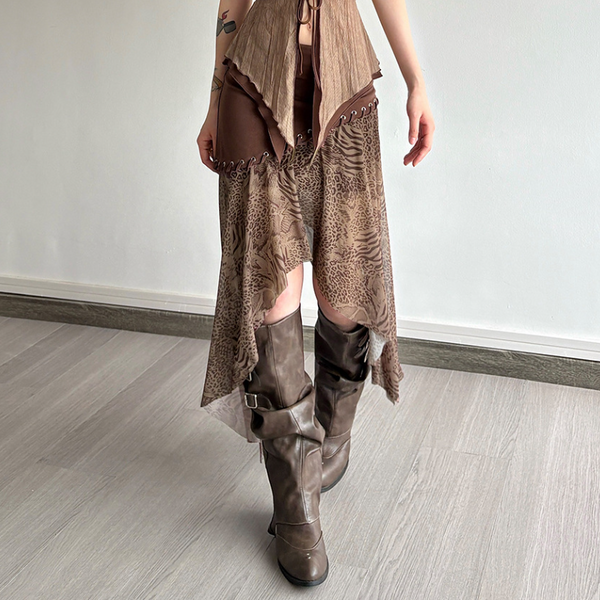 Irregular leopard print contrast midi skirt