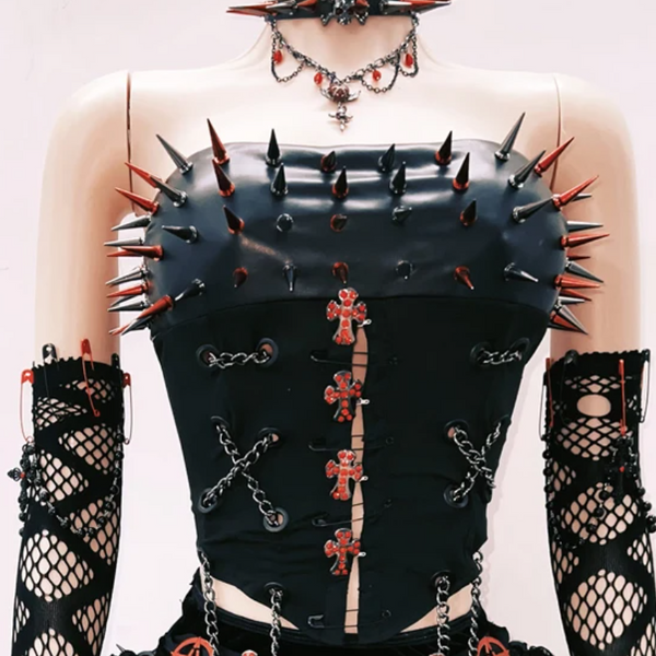 Metal chain rivet applique lace up tube top