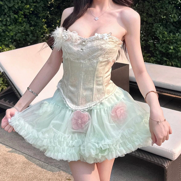 Lace hem mesh ruffle tube backless mini skirt set