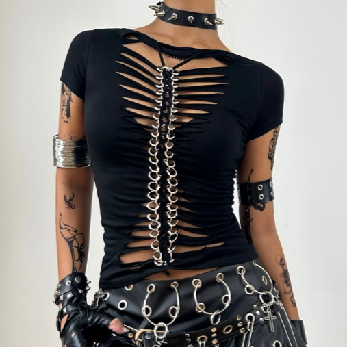 Short sleeve round neck hollow out 2-way top