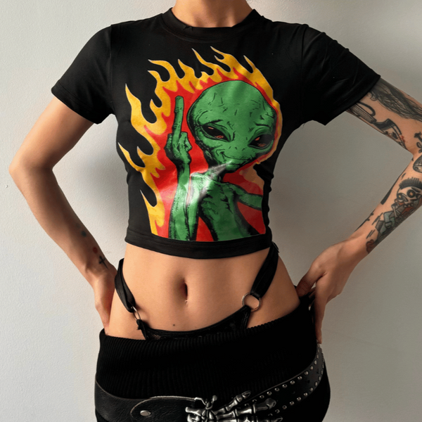 Alien letter print slant pockets Baby Tee