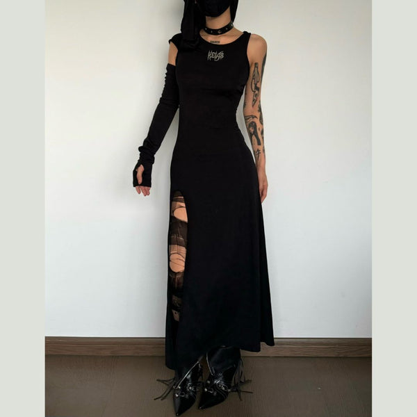 Irregular slit letter pattern hoodie belt maxi dress