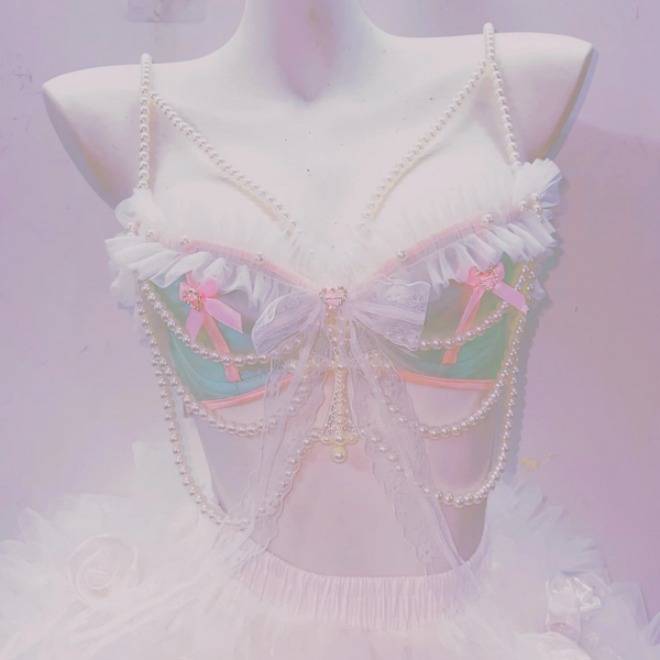 Bowknot beaded ruffle v neck ruched top