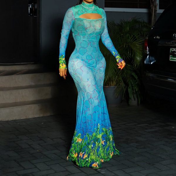 Long sleeve hollow out high neck print maxi dress