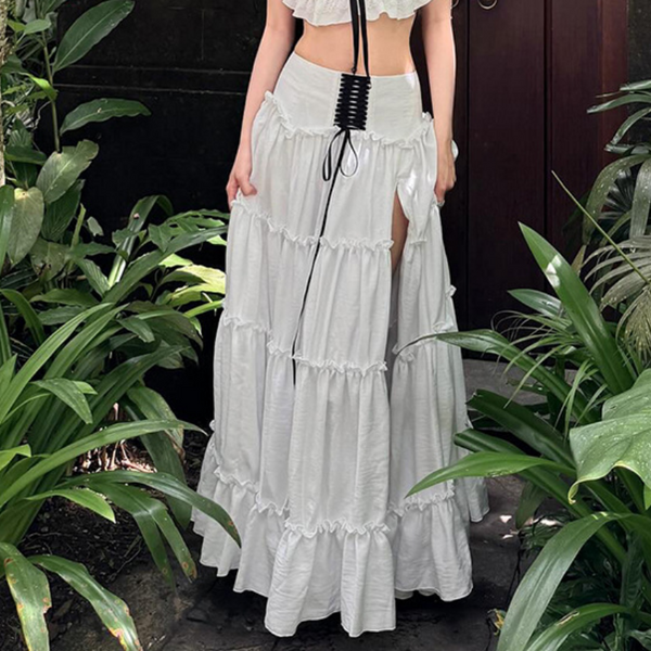 Slit ruffle lace up ruched white maxi skirt