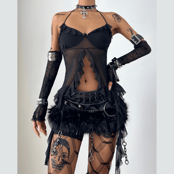 Mesh ruffle self tie v neck halter top