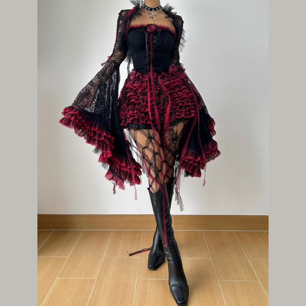 Long flared sleeve lace flower applique mini skirt set