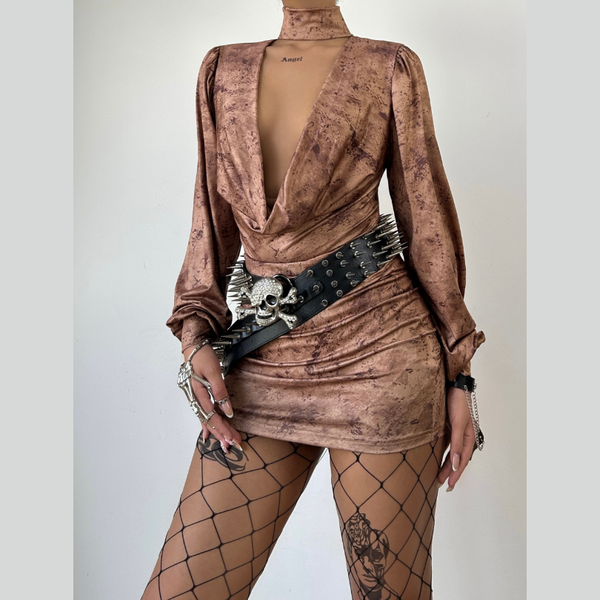 Cowl neck long sleeve high neck ruched mini dress