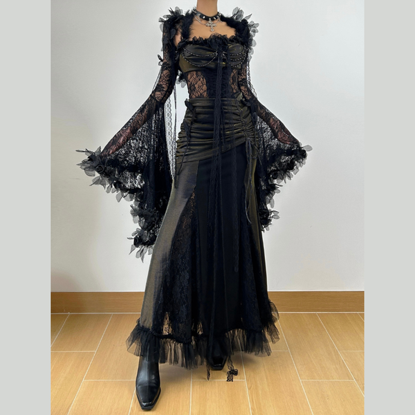 Beaded flower applique long flared sleeve lace maxi dress