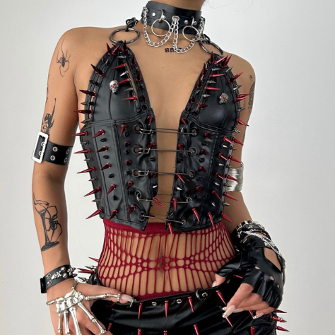 Halter o ring rivet fluffy PU leather top