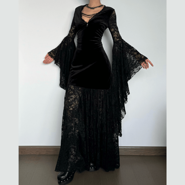 Long flared sleeve lace velvet beaded maxi dress