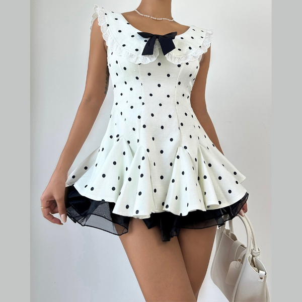 Polka dot lace hem bowknot ruffle mini dress