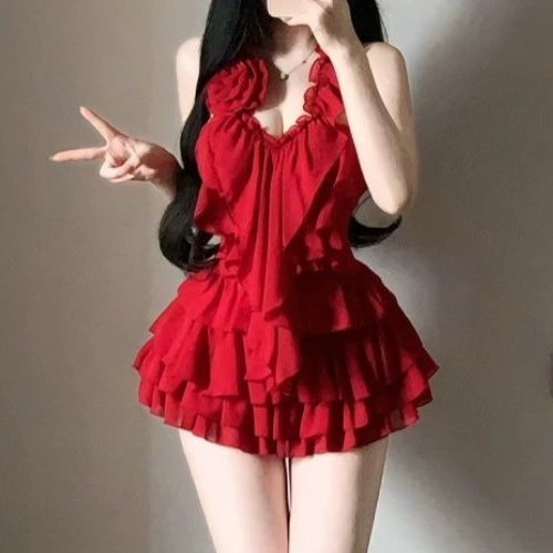 Halter ruffle flower applique mini dress