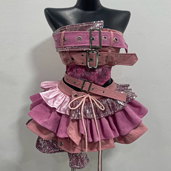 Glitter buckle patchwork ruffle mini skirt set