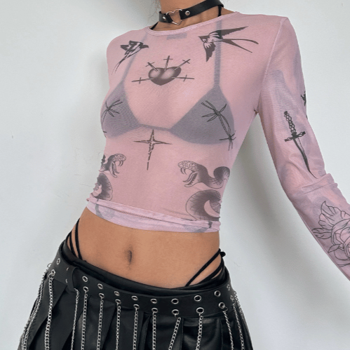 Top de manga larga con cuello redondo y malla transparente con estampado de ángeles 