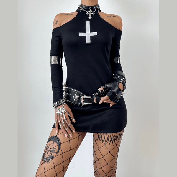 Long sleeve off shoulder cross pattern mini dress