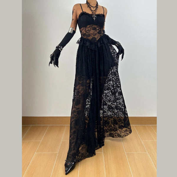 Lace ruffle v neck backless cami maxi dress