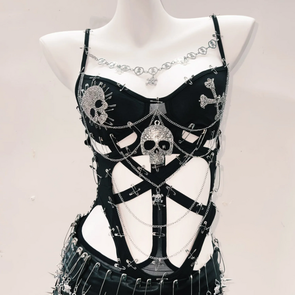 Hollow out metal chain skull applique v neck bodysuit