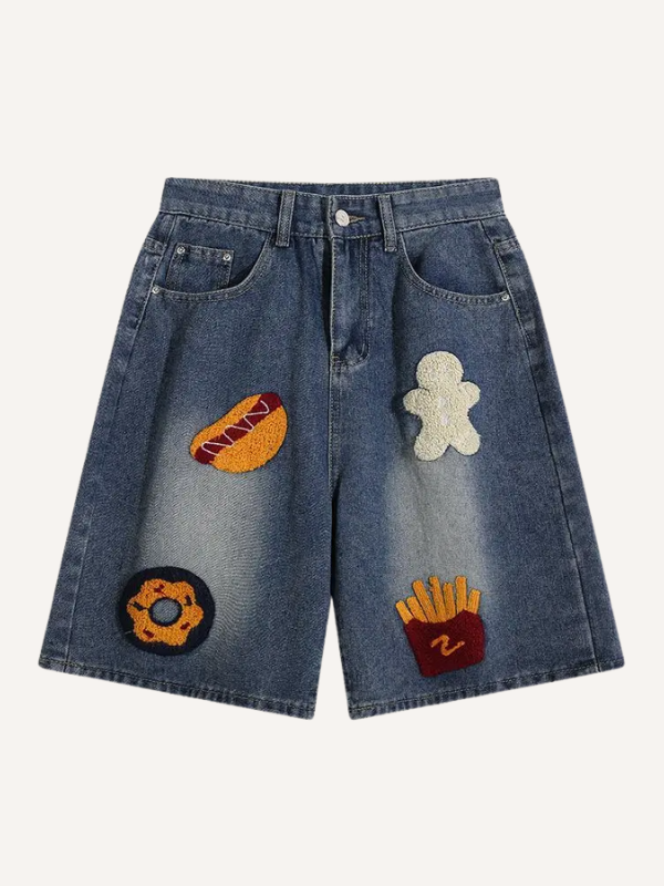 Food Patch Embroidered Denim Shorts