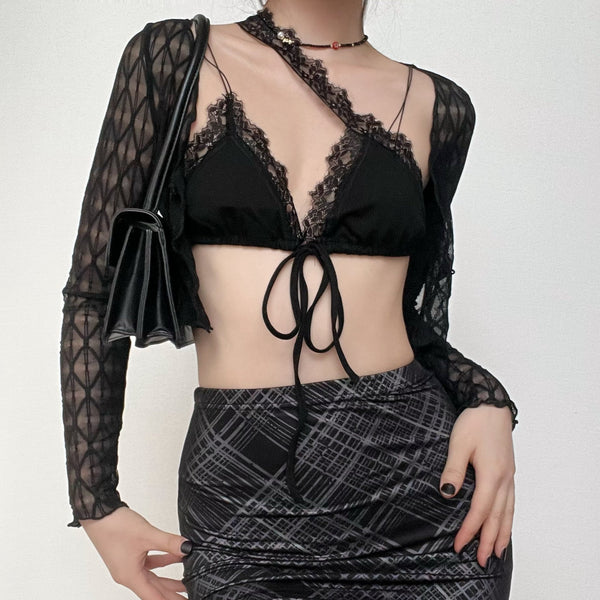 Lace hem irregular self tie backless solid crop top goth Emo Darkwave Fashion