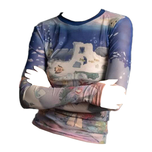 Long sleeve abstract print mesh top