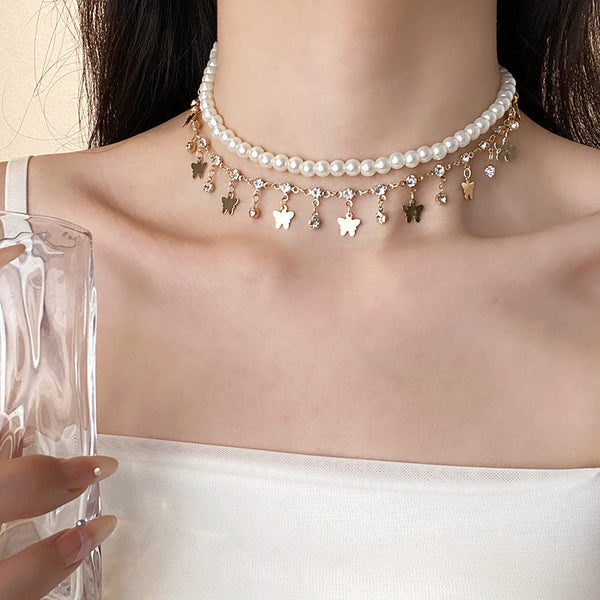 Faux pearl layered tassels choker necklace