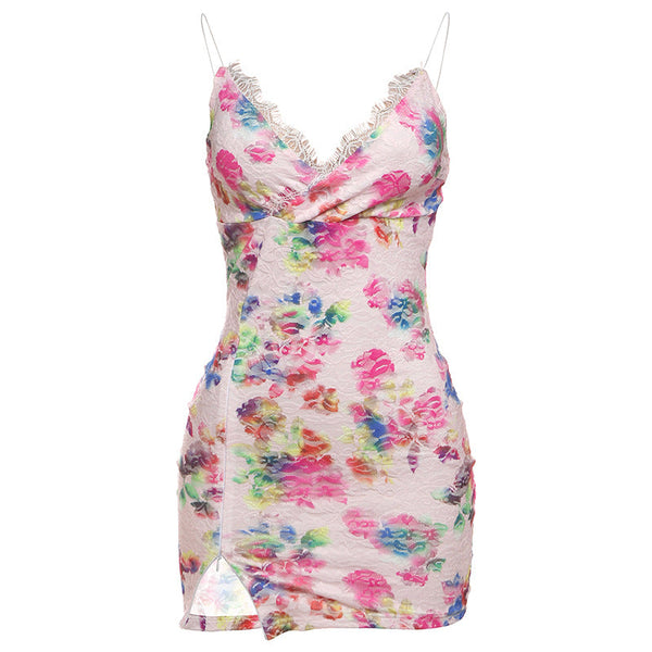 V neck lace flower print cami mini dress