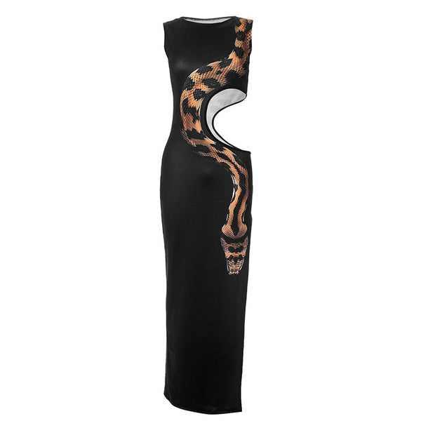 Sleeveless crewneck snake print hollow out slit maxi dress