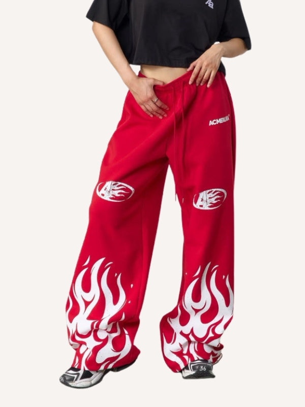Flame Print Wide-Leg Sweatpants