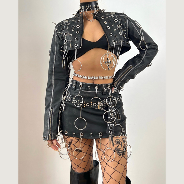 Long sleeve PU leather o ring rivet mini skirt set