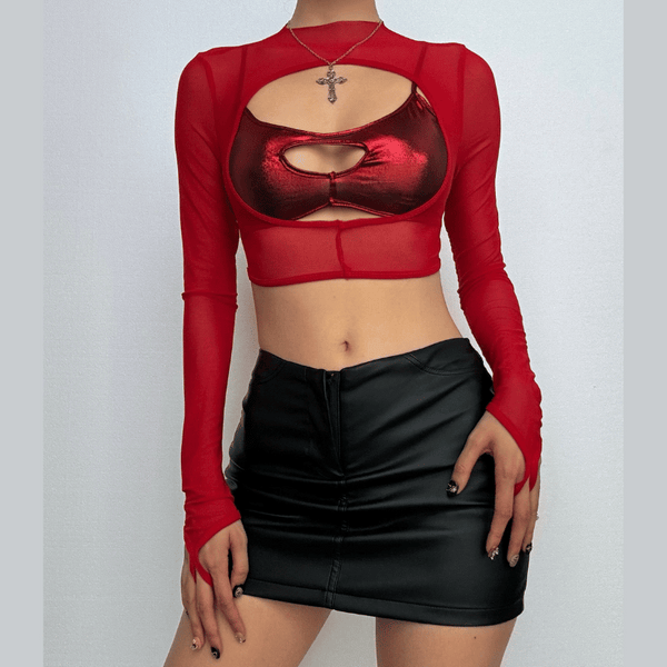 Long sleeve high neck hollow out gloves crop top