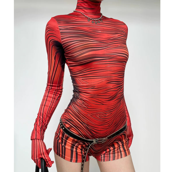 Striped zip-up contrast high neck long sleeve romper - Final Sale cyberpunk Sci-Fi Fashion