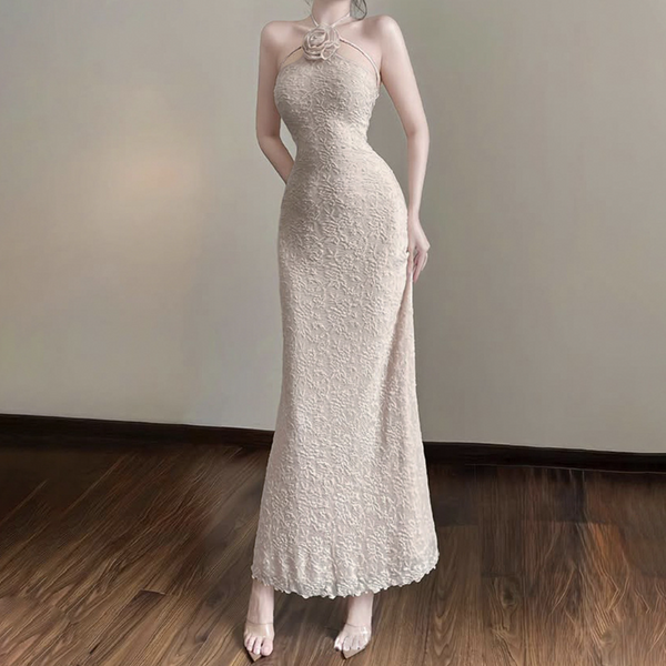 Halter self tie flower applique solid maxi dress