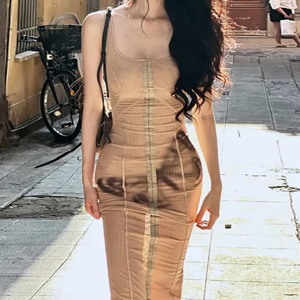 Square neck butterfly pattern tank midi dress