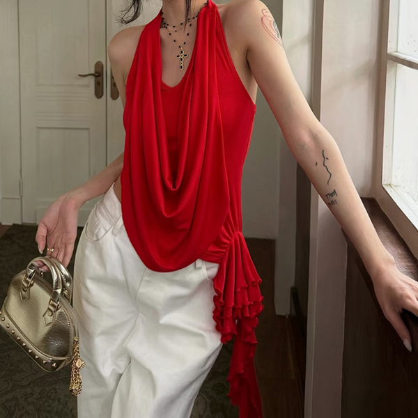 Halter irregular ruched backless solid top