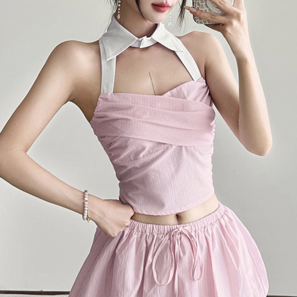 Hollow out button halter striped smocked top