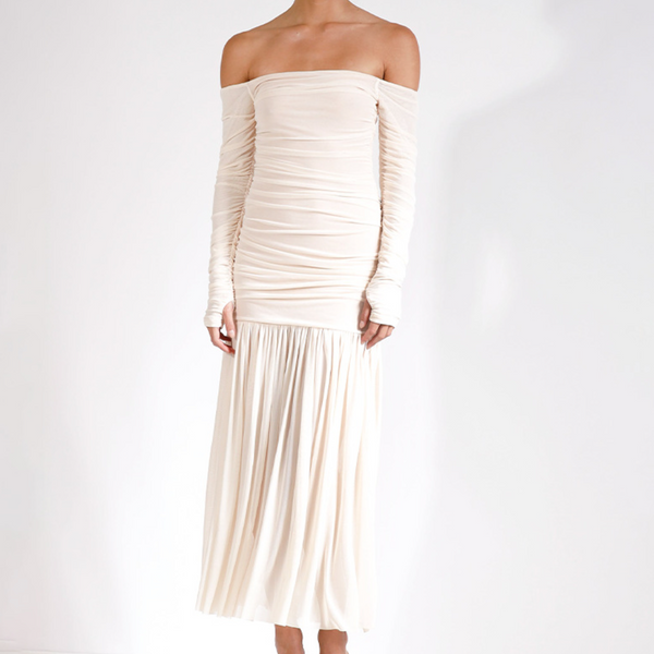 Off shoulder ruched long sleeve mesh zip-up maxi dress