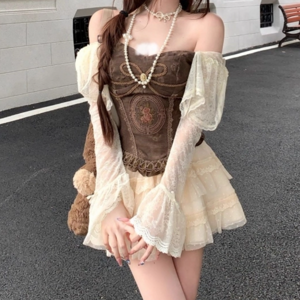 Off shoulder long flared sleeve lace ruffle mini skirt set