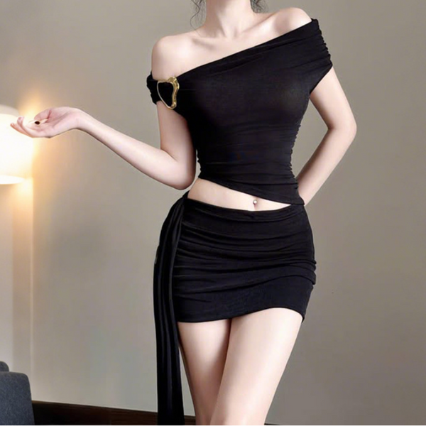 Off shoulder irregular solid mini skirt set