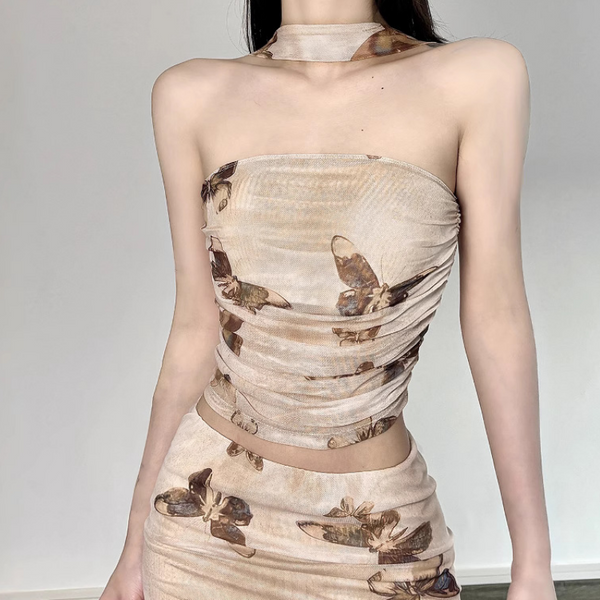 Ruched butterfly print mesh halter top