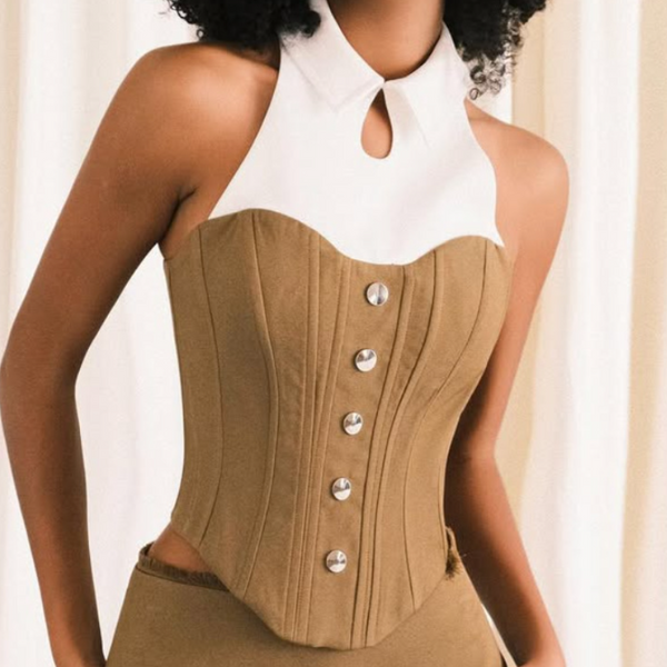 Turnover collar corset button contrast top