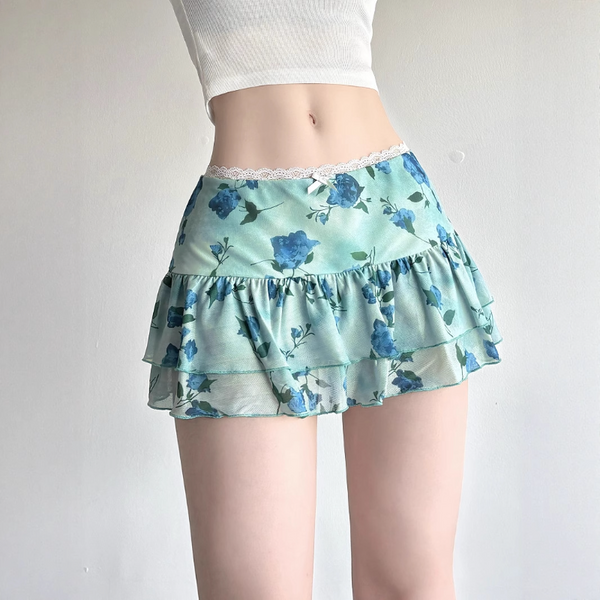Flower print lace hem bowknot ruffle mini skirt