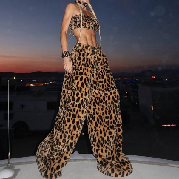 Leopard print fluffy tube pant set