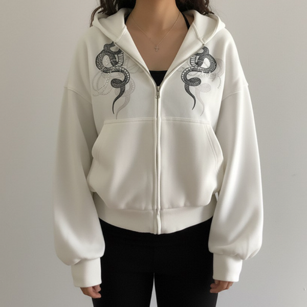 Hoodie long sleeve zip-up snake pattern top