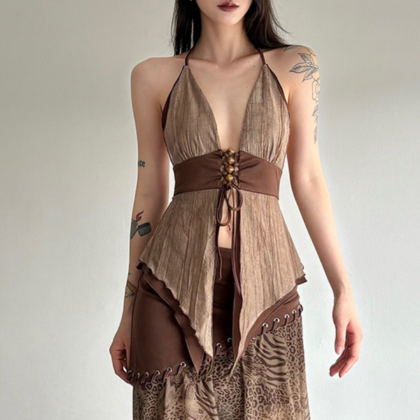 Hollow out v neck halter self tie ruffle top