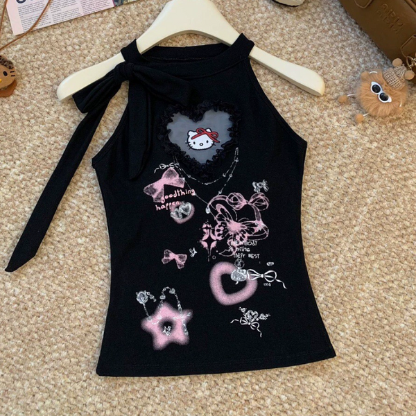 Self tie ruffle " hello kitty " pattern top